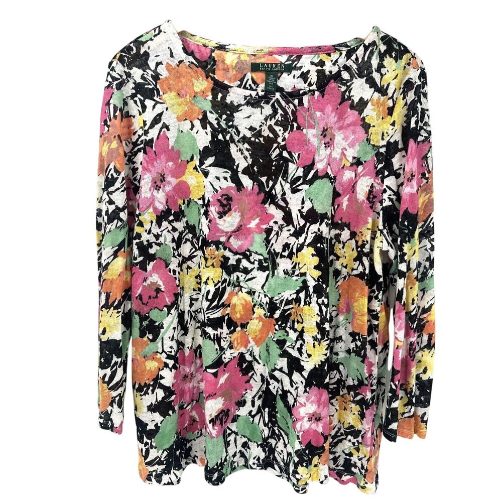 Lauren Ralph Lauren Blouse‎ Womens XL Linen Floral Pullover Long Sleeve Coastal